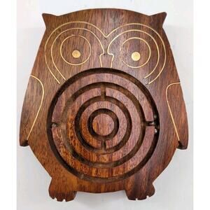 Vintage Pier One Carved Wood Owl Maze Ball Game Labyrinth Puzzle Pier 1